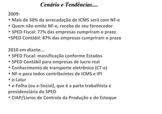 Cenário e Tendências....
2009:
• Mais de 50% da arrecadação de ICMS será com NF-e
• Quem não emite NF-e, recebe de seu fornecedor
• SPED Fiscal: 77% das empresas cumpriram o prazo
•SPED Contábil: 87% das empresas cumpriram o prazo

2010 em diante...
• SPED Fiscal: massificação conforme Estados
• SPED Contábil para empresas de lucro real
• Conhecimento de transporte eletrônico (CT-e)
• NF-e para todos contribuintes de ICMS e IPI
• e-Lalur
• e-Folha (ou e-Social), que é a parte trabalhista e
previdenciária do SPED
• CIAP/Livros de Controle da Produção e do Estoque
 
