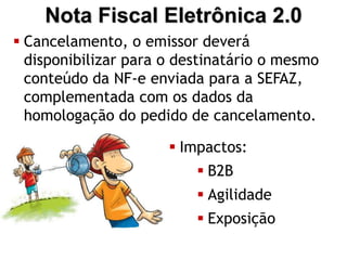 Nota Fiscal Eletrônica 2.0
 Cancelamento, o emissor deverá
  disponibilizar para o destinatário o mesmo
  conteúdo da NF-e enviada para a SEFAZ,
  complementada com os dados da
  homologação do pedido de cancelamento.

                       Impactos:
                           B2B
                           Agilidade
                           Exposição
 