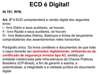 ECD é Digital!
IN 787, RFB:

Art. 2º A ECD compreenderá a versão digital dos seguintes
livros:
I - livro Diário e seus auxiliares, se houver;
II - livro Razão e seus auxiliares, se houver;
III - livro Balancetes Diários, Balanços e fichas de lançamento
comprobatórias dos assentamentos neles transcritos.

Parágrafo único. Os livros contábeis e documentos de que trata
o caput deverão ser assinados digitalmente, utilizando-se de
certificado de segurança mínima tipo A3, emitido por
entidade credenciada pela Infra-estrutura de Chaves Públicas
Brasileira (ICP-Brasil), a fim de garantir a autoria, a
autenticidade, a integridade e a validade jurídica do documento
digital
 