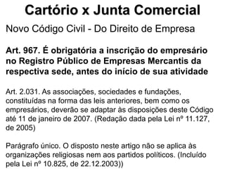 Cartório x Junta Comercial
Novo Código Civil - Do Direito de Empresa

Art. 967. É obrigatória a inscrição do empresário
no Registro Público de Empresas Mercantis da
respectiva sede, antes do início de sua atividade

Art. 2.031. As associações, sociedades e fundações,
constituídas na forma das leis anteriores, bem como os
empresários, deverão se adaptar às disposições deste Código
até 11 de janeiro de 2007. (Redação dada pela Lei nº 11.127,
de 2005)

Parágrafo único. O disposto neste artigo não se aplica às
organizações religiosas nem aos partidos políticos. (Incluído
pela Lei nº 10.825, de 22.12.2003))
 