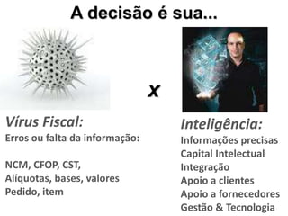A decisão é sua...



                                x
Vírus Fiscal:                       Inteligência:
Erros ou falta da informação:       Informações precisas
                                    Capital Intelectual
NCM, CFOP, CST,                     Integração
Alíquotas, bases, valores           Apoio a clientes
Pedido, item                        Apoio a fornecedores
                                    Gestão & Tecnologia
 