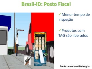 Brasil-ID: Posto Fiscal
                 Menor tempo de
                 inspeção

                 Produtos com
                 TAG são liberados




                 Fonte: www.brasil-id.org.br
 
