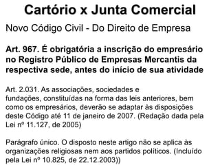 Cartório x Junta Comercial
Novo Código Civil - Do Direito de Empresa

Art. 967. É obrigatória a inscrição do empresário
no Registro Público de Empresas Mercantis da
respectiva sede, antes do início de sua atividade

Art. 2.031. As associações, sociedades e
fundações, constituídas na forma das leis anteriores, bem
como os empresários, deverão se adaptar às disposições
deste Código até 11 de janeiro de 2007. (Redação dada pela
Lei nº 11.127, de 2005)

Parágrafo único. O disposto neste artigo não se aplica às
organizações religiosas nem aos partidos políticos. (Incluído
pela Lei nº 10.825, de 22.12.2003))
 