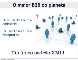 O maior B2B do planeta


    •U m m i l h ã o d e
    emissores

    •5 m i l h õ e s d e
    receptores




                         Um único padrāo XML!
terça-feira, 28 de setembro de 2010
 