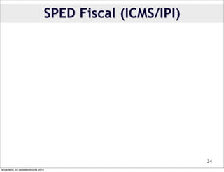SPED Fiscal (ICMS/IPI)




                                                           24

terça-feira, 28 de setembro de 2010
 