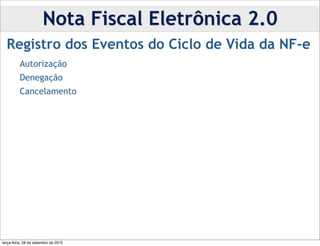 Nota Fiscal Eletrônica 2.0
  Registro dos Eventos do Ciclo de Vida da NF-e
    • Autorização
    • Denegação
    • Cancelamento




terça-feira, 28 de setembro de 2010
 