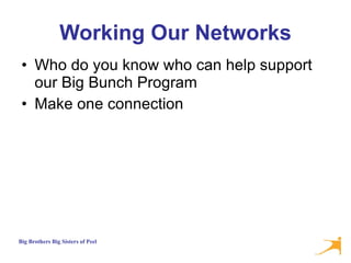 Working Our Networks Who do you know who can help support our Big Bunch Program Make one connection 