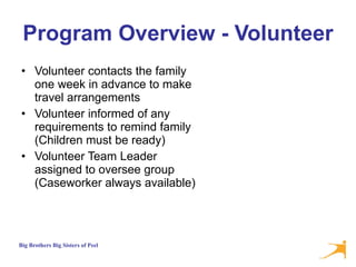 Program Overview - Volunteer Volunteer contacts the family one week in advance to make travel arrangements  Volunteer informed of any requirements to remind family (Children must be ready) Volunteer Team Leader assigned to oversee group (Caseworker always available) 