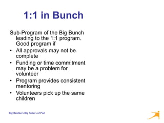 1:1 in Bunch Sub-Program of the Big Bunch leading to the 1:1 program.  Good program if All approvals may not be complete Funding or time commitment may be a problem for volunteer Program provides consistent mentoring Volunteers pick up the same children  