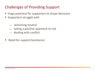 7La Trobe University
Challenges of Providing Support
 Huge potential for supporters to shape decisions
 Supporters struggle with
̶ remaining neutral
̶ taking a positive approach to risk
̶ dealing with conflict
 Need for support/assistance
 
