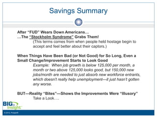 Savings Summary

              After “FUD” Wears Down Americans…
              …The “Stockholm Syndrome” Grabs Them!
                      (This terms comes from when people held hostage begin to
                      accept and feel better about their captors.)

              When Things Have Been Bad (or Not Good) for So Long, Even a
              Small Change/Improvement Starts to Look Good
                      Example: When job growth is below 125,000 per month, a
                      month or two above 125,000 looks good, but 150,000 new
                      jobs/month are needed to just absorb new workforce entrants,
                      which doesn’t really help unemployment—it just hasn’t gotten
                      any worse.

              BUT—Reality “Bites”—Shows the Improvements Were “Illusory”
                   Take a Look….


© 2012, Prosper®
 