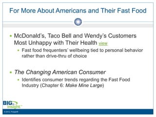 For More About Americans and Their Fast Food


      McDonald’s, Taco Bell and Wendy’s Customers
           Most Unhappy with Their Health view
               Fast food frequenters’ wellbeing tied to personal behavior
                   rather than drive-thru of choice


      The Changing American Consumer
         Identifies consumer trends regarding the Fast Food
          Industry (Chapter 6: Make Mine Large)




© 2012, Prosper®
 