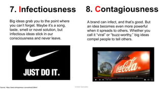 7. Infectiousness
Big ideas grab you to the point where
you can’t forget. Maybe it’s a song,
taste, smell or novel solution, but
infectious ideas stick in our
consciousness and never leave.
8. Contagiousness
A brand can infect, and that’s good. But
an idea becomes even more powerful
when it spreads to others. Whether you
call it “viral” or “buzz-worthy,” big ideas
compel people to tell others.
Source: https://www.entrepreneur.com/article/238441 Cristel Gonzales
 