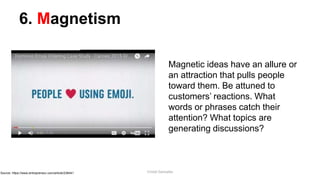 6. Magnetism
Magnetic ideas have an allure or
an attraction that pulls people
toward them. Be attuned to
customers’ reactions. What
words or phrases catch their
attention? What topics are
generating discussions?
Source: https://www.entrepreneur.com/article/238441 Cristel Gonzales
 