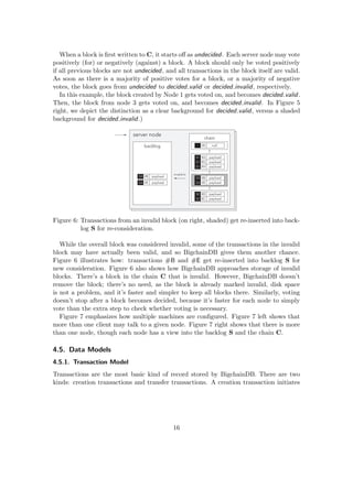 When a block is ﬁrst written to C, it starts oﬀ as undecided. Each server node may vote
positively (for) or negatively (against) a block. A block should only be voted positively
if all previous blocks are not undecided, and all transactions in the block itself are valid.
As soon as there is a majority of positive votes for a block, or a majority of negative
votes, the block goes from undecided to decided valid or decided invalid, respectively.
In this example, the block created by Node 1 gets voted on, and becomes decided valid.
Then, the block from node 3 gets voted on, and becomes decided invalid. In Figure 5
right, we depict the distinction as a clear background for decided valid, versus a shaded
background for decided invalid.)
server node
backlog
#B payloadS3
#E payloadS3
chain
#0 null
#B payloadS3
#E payloadS3
#A payloadS1
#G payloadS1
#H payloadS1
#D payloadS2
#C payloadS2
invalid tx
server node
backlog
#A payloadS1
#G payloadS1
#H payloadS1
#B payloadS3
#E payloadS3
#D payloadS2
#C payloadS2
2
3
5
chain
#0 null
#B payloadS3
#E payloadS3
#A payloadS1
#G payloadS1
#H payloadS1
#D payloadS2
#C payloadS2
4
new block
invalid tx
Figure 6: Transactions from an invalid block (on right, shaded) get re-inserted into back-
log S for re-consideration.
While the overall block was considered invalid, some of the transactions in the invalid
block may have actually been valid, and so BigchainDB gives them another chance.
Figure 6 illustrates how: transactions #B and #E get re-inserted into backlog S for
new consideration. Figure 6 also shows how BigchainDB approaches storage of invalid
blocks. There’s a block in the chain C that is invalid. However, BigchainDB doesn’t
remove the block; there’s no need, as the block is already marked invalid, disk space
is not a problem, and it’s faster and simpler to keep all blocks there. Similarly, voting
doesn’t stop after a block becomes decided, because it’s faster for each node to simply
vote than the extra step to check whether voting is necessary.
Figure 7 emphasizes how multiple machines are conﬁgured. Figure 7 left shows that
more than one client may talk to a given node. Figure 7 right shows that there is more
than one node, though each node has a view into the backlog S and the chain C.
4.5. Data Models
4.5.1. Transaction Model
Transactions are the most basic kind of record stored by BigchainDB. There are two
kinds: creation transactions and transfer transactions. A creation transaction initiates
16
 