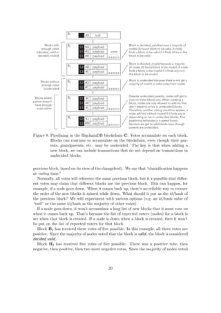 #0 null
#A payloadS1
#G payloadS1
#H payloadS1
#I payloadS1
#K payloadS1
#L payloadS1
#D payloadS2
#C payloadS2
#B payloadS3
#E payloadS3
#J payloadS3
#M payloadS3
B1
B2
B3
B4
B5
B6
≈
√ √ √
√
√√
√ √
√
√
X
XX X
X
Blocks with
enough votes
(decided_valid or
decided_invalid)
Blocks without
enough votes
(undecided)
Blocks where
parent doesn’t
have enough
votes either
votes
Block is decided_valid because a majority of
nodes (3) found block to be valid. A node
finds a block to be valid if it finds all txs in the
block to be valid
Block is decided_invalid because a majority
of nodes (3) found block to be invalid. A node
finds a block to be invalid if it finds any tx in
the block to be invalid
Block is undecided because there is not yet a
majority of invalid or valid votes from nodes
Despite undecided parents, nodes still get to
vote on these blocks too. When creating a
block, nodes are only allowed to add txs that
don’t depend on txs in undecided blocks.
Therefore, another voting condition applies: a
node will find a block invalid if it finds any tx
depending on txs in undecided blocks. This
pipelining technique is a speed boost,
because we get to add blocks even though
parents are undecided.
Figure 8: Pipelining in the BigchainDB blockchain C. Votes accumulate on each block.
Blocks can continue to accumulate on the blockchain, even though their par-
ents, grandparents, etc. may be undecided. The key is that when adding a
new block, we can include transactions that do not depend on transactions in
undecided blocks.
previous block, based on its view of the changefeed). We say that “chainiﬁcation happens
at voting time.”
Normally, all votes will reference the same previous block, but it’s possible that diﬀer-
ent votes may claim that diﬀerent blocks are the previous block. This can happen, for
example, if a node goes down. When it comes back up, there’s no reliable way to recover
the order of the new blocks it missed while down. What should it put as the id/hash of
the previous block? We will experiment with various options (e.g. an id/hash value of
“null” or the same id/hash as the majority of other votes).
If a node goes down, it won’t accumulate a long list of new blocks that it must vote on
when it comes back up. That’s because the list of expected voters (nodes) for a block is
set when that block is created. If a node is down when a block is created, then it won’t
be put on the list of expected voters for that block.
Block B2 has received three votes of ﬁve possible. In this example, all three votes are
positive. Since the majority of nodes voted that the block is valid, the block is considered
decided valid.
Block B3 has received ﬁve votes of ﬁve possible. There was a positive vote, then
negative, then positive, then two more negative votes. Since the majority of nodes voted
20
 