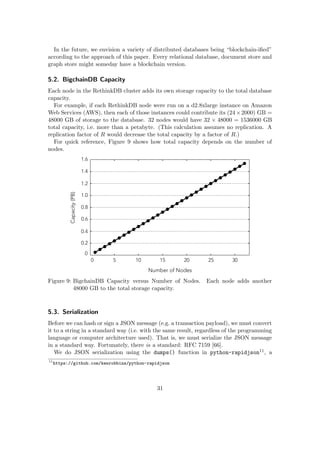 In the future, we envision a variety of distributed databases being “blockchain-iﬁed”
according to the approach of this paper. Every relational database, document store and
graph store might someday have a blockchain version.
5.2. BigchainDB Capacity
Each node in the RethinkDB cluster adds its own storage capacity to the total database
capacity.
For example, if each RethinkDB node were run on a d2.8xlarge instance on Amazon
Web Services (AWS), then each of those instances could contribute its (24×2000) GB =
48000 GB of storage to the database. 32 nodes would have 32 × 48000 = 1536000 GB
total capacity, i.e. more than a petabyte. (This calculation assumes no replication. A
replication factor of R would decrease the total capacity by a factor of R.)
For quick reference, Figure 9 shows how total capacity depends on the number of
nodes.
Number of Nodes
Capacity(PB)
1.6
1.4
1.2
1.0
0.8
0.6
0.4
0.2
0
0 5 10 15 20 25 30
Figure 9: BigchainDB Capacity versus Number of Nodes. Each node adds another
48000 GB to the total storage capacity.
5.3. Serialization
Before we can hash or sign a JSON message (e.g. a transaction payload), we must convert
it to a string in a standard way (i.e. with the same result, regardless of the programming
language or computer architecture used). That is, we must serialize the JSON message
in a standard way. Fortunately, there is a standard: RFC 7159 [66].
We do JSON serialization using the dumps() function in python-rapidjson11, a
11
https://github.com/kenrobbins/python-rapidjson
31
 