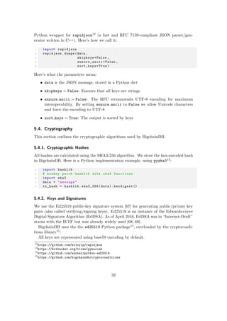 Python wrapper for rapidjson12 (a fast and RFC 7159-compliant JSON parser/gen-
erator written in C++). Here’s how we call it:
1 import rapidjson
2 rapidjson.dumps(data ,
3 skipkeys=False ,
4 ensure_ascii=False ,
5 sort_keys=True)
Here’s what the parameters mean:
• data is the JSON message, stored in a Python dict
• skipkeys = False: Ensures that all keys are strings
• ensure ascii = False: The RFC recommends UTF-8 encoding for maximum
interoperability. By setting ensure ascii to False we allow Unicode characters
and force the encoding to UTF-8
• sort keys = True: The output is sorted by keys
5.4. Cryptography
This section outlines the cryptographic algorithms used by BigchainDB.
5.4.1. Cryptographic Hashes
All hashes are calculated using the SHA3-256 algorithm. We store the hex-encoded hash
in BigchainDB. Here is a Python implementation example, using pysha313:
1 import hashlib
2 # monkey patch hashlib with sha3 functions
3 import sha3
4 data = "message"
5 tx_hash = hashlib.sha3_256(data).hexdigest ()
5.4.2. Keys and Signatures
We use the Ed25519 public-key signature system [67] for generating public/private key
pairs (also called verifying/signing keys). Ed25519 is an instance of the Edwards-curve
Digital Signature Algorithm (EdDSA). As of April 2016, EdDSA was in “Internet-Draft”
status with the IETF but was already widely used [68, 69].
BigchainDB uses the the ed25519 Python package14, overloaded by the cryptocondi-
tions library15.
All keys are represented using base58 encoding by default.
12
https://github.com/miloyip/rapidjson
13
https://bitbucket.org/tiran/pykeccak
14
https://github.com/warner/python-ed25519
15
https://github.com/bigchaindb/cryptoconditions
32
 