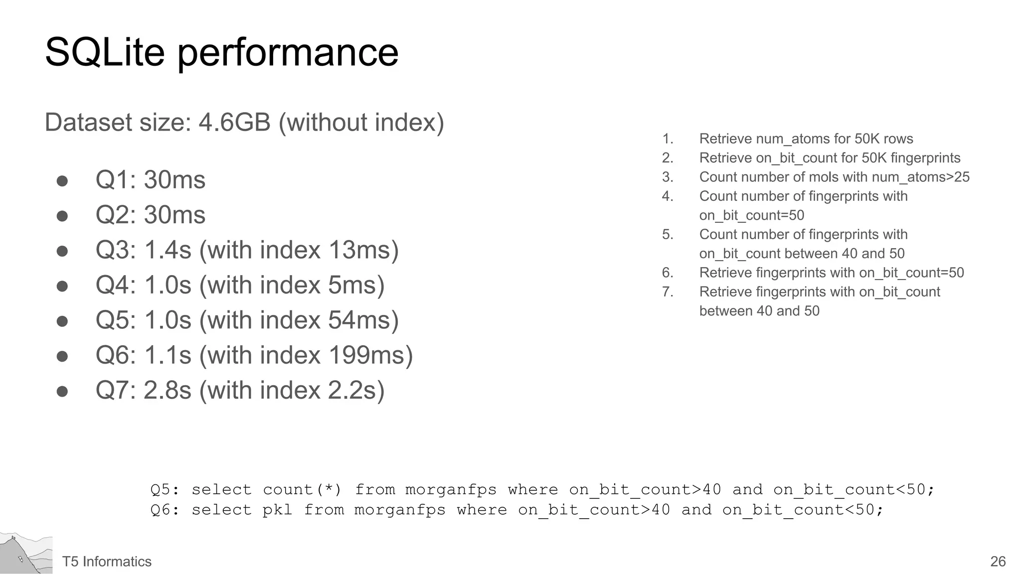 26T5 Informatics
SQLite performance
Dataset size: 4.6GB (without index)
● Q1: 30ms
● Q2: 30ms
● Q3: 1.4s (with index 13ms)
● Q4: 1.0s (with index 5ms)
● Q5: 1.0s (with index 54ms)
● Q6: 1.1s (with index 199ms)
● Q7: 2.8s (with index 2.2s)
1. Retrieve num_atoms for 50K rows
2. Retrieve on_bit_count for 50K fingerprints
3. Count number of mols with num_atoms>25
4. Count number of fingerprints with
on_bit_count=50
5. Count number of fingerprints with
on_bit_count between 40 and 50
6. Retrieve fingerprints with on_bit_count=50
7. Retrieve fingerprints with on_bit_count
between 40 and 50
Q5: select count(*) from morganfps where on_bit_count>40 and on_bit_count<50;
Q6: select pkl from morganfps where on_bit_count>40 and on_bit_count<50;
 