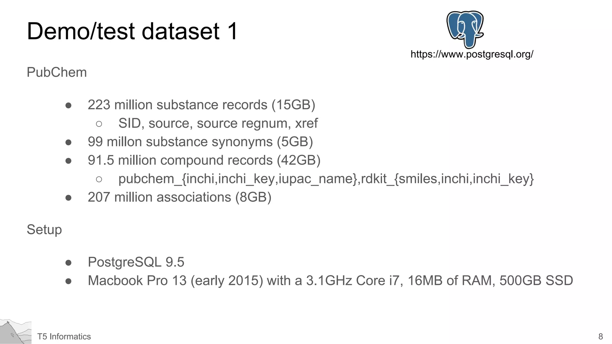 8T5 Informatics
Demo/test dataset 1
PubChem
● 223 million substance records (15GB)
○ SID, source, source regnum, xref
● 99 millon substance synonyms (5GB)
● 91.5 million compound records (42GB)
○ pubchem_{inchi,inchi_key,iupac_name},rdkit_{smiles,inchi,inchi_key}
● 207 million associations (8GB)
Setup
● PostgreSQL 9.5
● Macbook Pro 13 (early 2015) with a 3.1GHz Core i7, 16MB of RAM, 500GB SSD
https://www.postgresql.org/
 