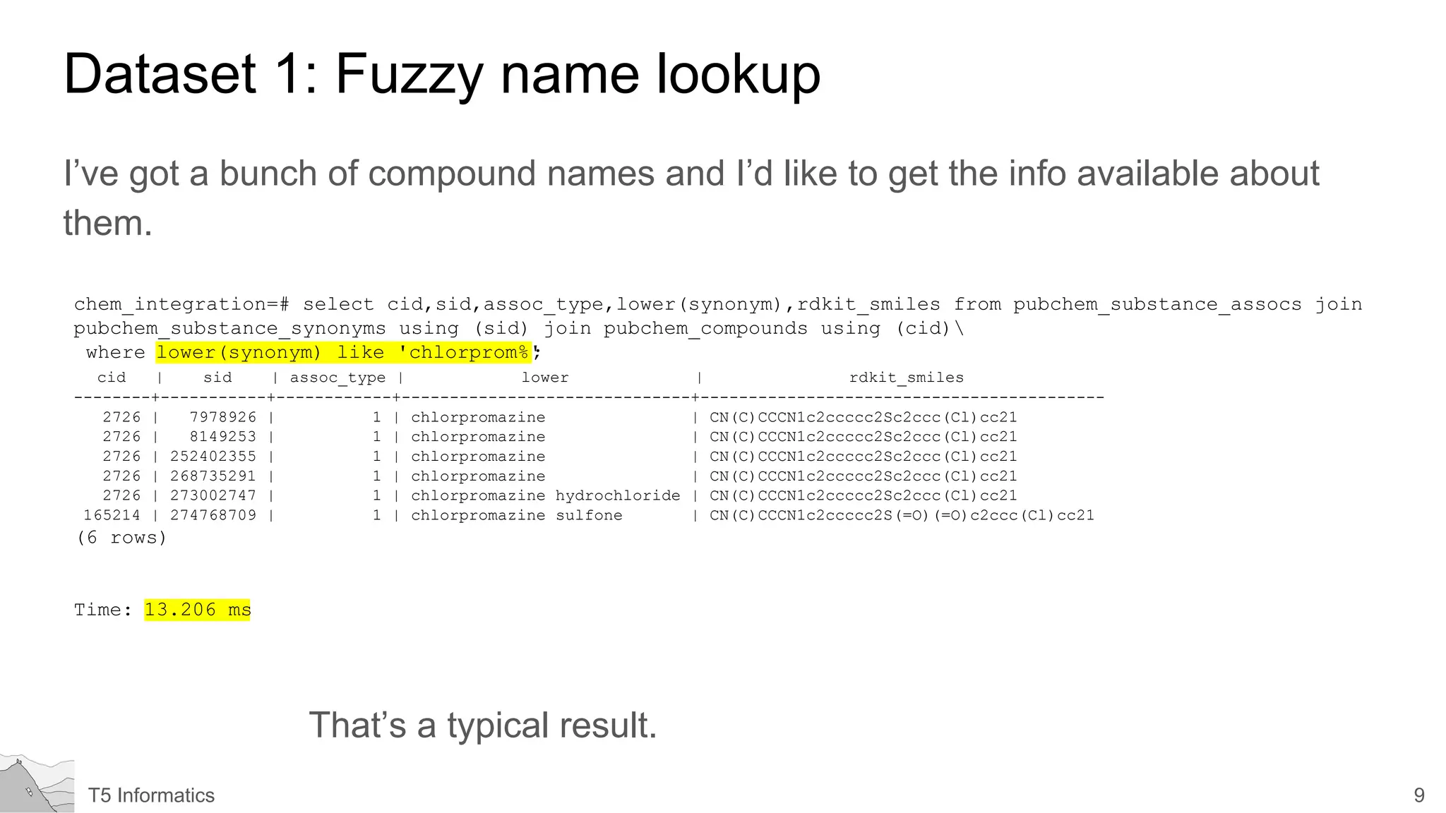 9T5 Informatics
Dataset 1: Fuzzy name lookup
I’ve got a bunch of compound names and I’d like to get the info available about
them.
chem_integration=# select cid,sid,assoc_type,lower(synonym),rdkit_smiles from pubchem_substance_assocs join
pubchem_substance_synonyms using (sid) join pubchem_compounds using (cid)
where lower(synonym) like 'chlorprom%';
cid | sid | assoc_type | lower | rdkit_smiles
--------+-----------+------------+------------------------------+------------------------------------------
2726 | 7978926 | 1 | chlorpromazine | CN(C)CCCN1c2ccccc2Sc2ccc(Cl)cc21
2726 | 8149253 | 1 | chlorpromazine | CN(C)CCCN1c2ccccc2Sc2ccc(Cl)cc21
2726 | 252402355 | 1 | chlorpromazine | CN(C)CCCN1c2ccccc2Sc2ccc(Cl)cc21
2726 | 268735291 | 1 | chlorpromazine | CN(C)CCCN1c2ccccc2Sc2ccc(Cl)cc21
2726 | 273002747 | 1 | chlorpromazine hydrochloride | CN(C)CCCN1c2ccccc2Sc2ccc(Cl)cc21
165214 | 274768709 | 1 | chlorpromazine sulfone | CN(C)CCCN1c2ccccc2S(=O)(=O)c2ccc(Cl)cc21
(6 rows)
Time: 13.206 ms
That’s a typical result.
 