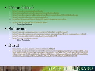 • Urban (cities)
  –   http://www.denver.com/neighborhoods/
  –   http://denver.about.com/od/realestate/u/neighborhoods.htm
  –   http://www.denvergov.org/LivinginDenver/Environment/tabid/435532/Default.aspx
  –   http://www.usatoday.com/news/census/index
  –   http://hewit.unco.edu/dohist/vftrips/20thcent/uptown/tourmenu.htm
  –   http://www.denver.org/metro/neighborhoods
        •   Denver Neighborhoods


• Suburban
  –   http://www.larryhotz.com/denver-relocation/suburban-neighborhoods/
  –   http://www.coloradoresourcecenter.com/common_resource/html/denver_communities_rc.html
  –   http://www.usatoday.com/news/nation/census/profile/CO
  –   http://www.ci.westminster.co.us/
        •   City of Westminster



• Rural
  –   http://www.ers.usda.gov/data/ruraldefinitions/CO.pdf
  –   http://www.google.com/imgres?imgurl=http://www.yourworkforcecenter.com/Images/CRWC_Reg
      Map.jpg&imgrefurl=http://www.yourworkforcecenter.com/WFCDir/Default.aspx&h=364&w=50
      0&sz=85&tbnid=VJ3fwz483Ldo1M:&tbnh=96&tbnw=132&zoom=1&docid=fxS5lJ0b6aqzMM&
      hl=en&sa=X&ei=zqp7T4LSKeLjiALm_YWLAQ&ved=0CIcBEPUBMAo&dur=348
 