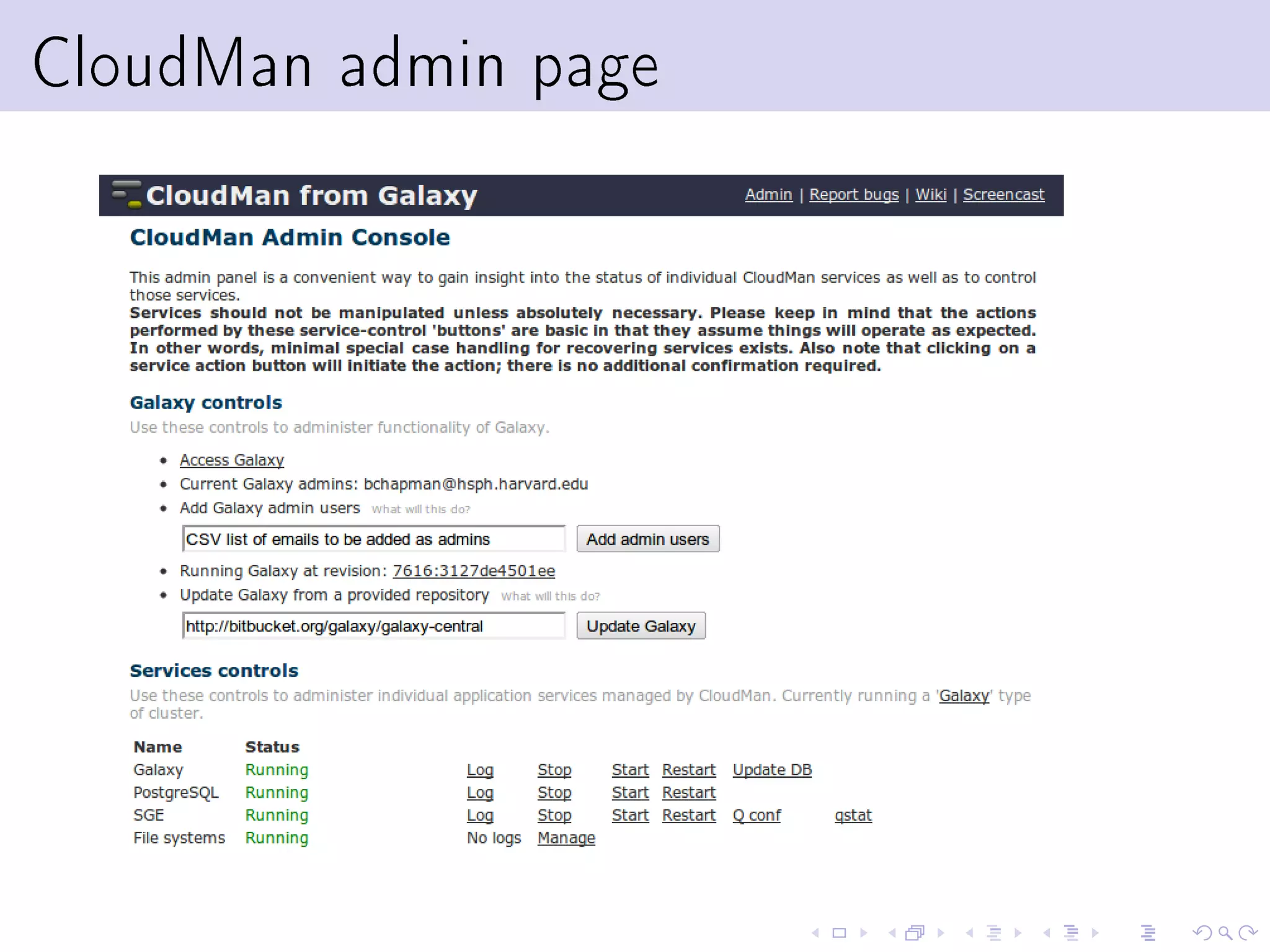 CloudMan admin page
 