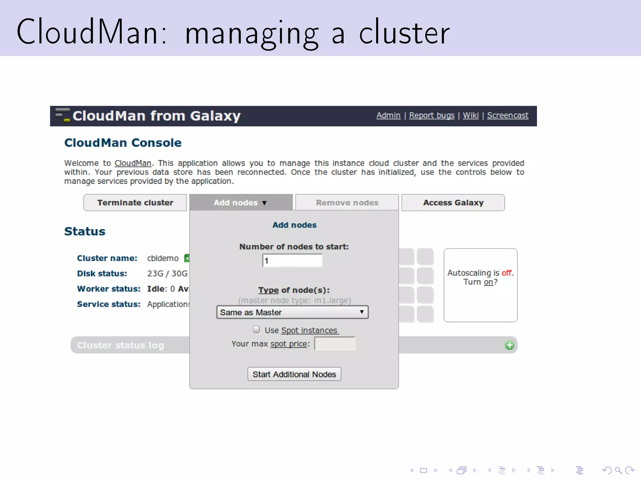 CloudMan: managing a cluster
 