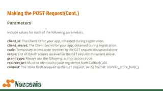Making the POST Request(Cont.)
Parameters
Include values for each of the following parameters.
client_id: The Client ID for your app, obtained during registration.
client_secret: The Client Secret for your app, obtained during registration.
code: Temporary access code received in the GET request discussed above.
scope: List of OAuth scopes received in the GET request discussed above.
grant_type: Always use the following: authorization_code.
redirect_uri: Must be identical to your registered Auth Callback URI.
context: The store hash received in the GET request, in the format: stores/{_store_hash_}
 