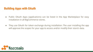 Building Apps with OAuth
● Public OAuth Apps (applications) can be listed in the App Marketplace for easy
installation in all BigCommerce stores.
● They use OAuth for token exchange during installation: The user installing the app
will approve the scopes for your app to access and/or modify their store’s data.
 