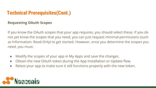 Technical Prerequisites(Cont.)
Requesting OAuth Scopes
If you know the OAuth scopes that your app requires, you should select these. If you do
not yet know the scopes that you need, you can just request minimal permissions (such
as Information: Read-Only) to get started. However, once you determine the scopes you
need, you must:
● Modify the scopes of your app in My Apps and save the changes.
● Obtain the new OAuth token during the App Installation or Update flow.
● Retest your app to make sure it still functions properly with the new token.
 
