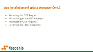 App installation and update sequence (Cont.)
● Receiving the GET Request
● Responding to the GET Request
● Making the POST Request
● Receiving the POST Response
 