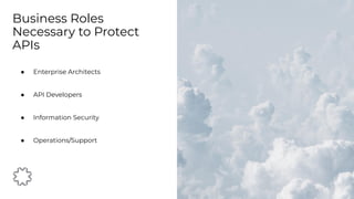 ● Enterprise Architects
● API Developers
● Information Security
● Operations/Support
Business Roles
Necessary to Protect
APIs
 