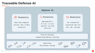 Traceable Defense AI
Hypertrace
Distributed Tracing
Trace AI Platform
Unsupervised Machine Learning
Defense AI
30
Real-time complete
service, API, & data
visibility
Visibility
(WAF+RASP+API)++
AI first, no rules
required, low false
positives
Protection
Per transaction
contextual data for
Dev, Sec, and Ops
Resolution
 
