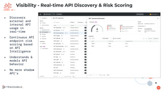 Visibility - Real-time API Discovery & Risk Scoring
32
● Discovers
external and
internal API
usage in
real-time
● Continuous API
endpoint risk
scoring based
on API
Intelligence
● Understands &
models API
behavior
● No more shadow
API’s
 