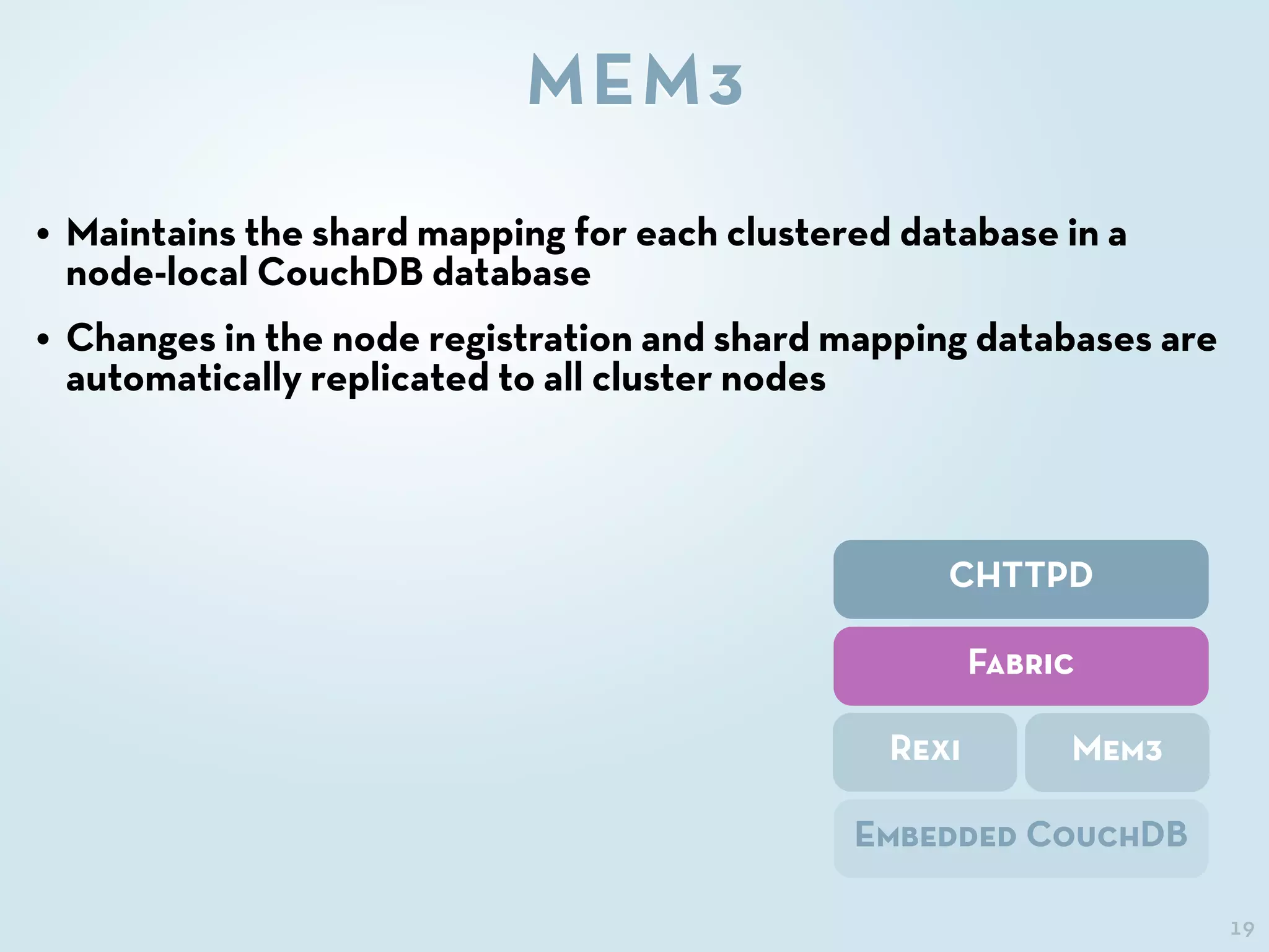 19
MEM3
CHTTPD
Fabric
Rexi Mem3
Embedded CouchDB
• Maintains the shard mapping for each clustered database in a
node-local CouchDB database
• Changes in the node registration and shard mapping databases are
automatically replicated to all cluster nodes
 