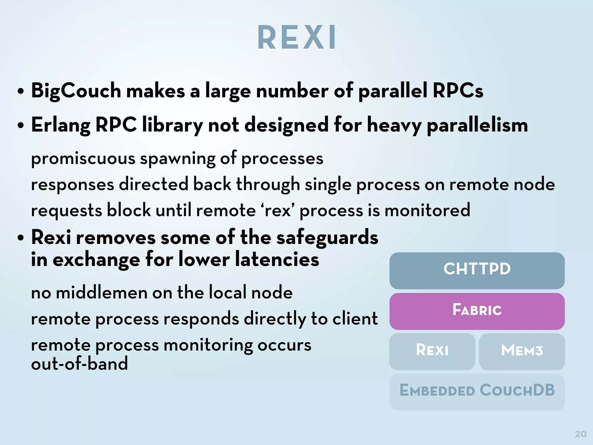 20
REXI
CHTTPD
Fabric
Rexi Mem3
Embedded CouchDB
• BigCouch makes a large number of parallel RPCs
• Erlang RPC library not designed for heavy parallelism
promiscuous spawning of processes
responses directed back through single process on remote node
requests block until remote ‘rex’ process is monitored
• Rexi removes some of the safeguards
in exchange for lower latencies
no middlemen on the local node
remote process responds directly to client
remote process monitoring occurs
out-of-band
 