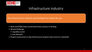 Infrastructure industry
The infrastructure industry saw lending from banks dry up.
• Bank and (PSBs) have turned extremely cautious in lending .
• Recent Challenge
• Liquidity crunch.
• Less demand.
• Project construction or big infrastructure projects have come to a standstill.
11
 