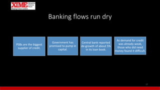 Banking flows run dry
PSBs are the biggest
supplier of credit.
Central bank reported
de-growth of about 5%
in its loan book.
Government has
promised to pump in
capital.
As demand for credit
was already weak,
those who did need
money found it difficult.
17
 