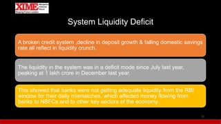 System Liquidity Deficit
A broken credit system ,decline in deposit growth & falling domestic savings
rate all reflect in liquidity crunch.
The liquidity in the system was in a deficit mode since July last year,
peaking at 1 lakh crore in December last year.
This showed that banks were not getting adequate liquidity from the RBI
window for their daily mismatches, which affected money flowing from
banks to NBFCs and to other key sectors of the economy.
21
 