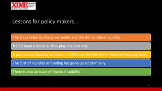 Lessons for policy makers…
The steps taken by the government and the RBI to infuse liquidity.
NBFCs need a boost as they play a crucial role.
A permanent liquidity window for NBFCs on the line of the National Housing Bank.
The cost of liquidity or funding has gone up substantially.
There is also an issue of financial stability.
23
 