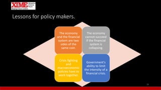 Lessons for policy makers.
The economy
and the financial
system are two
sides of the
same coin.
The economy
cannot succeed
if the financial
system is
collapsing.
Crisis fighting
and
macroeconomic
policies have to
work together.
Government's
ability to limit
the intensity of a
financial crisis.
24
 