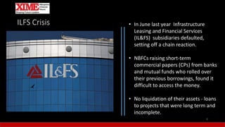 6
ILFS Crisis • In June last year Infrastructure
Leasing and Financial Services
(IL&FS) subsidiaries defaulted,
setting off a chain reaction.
• NBFCs raising short-term
commercial papers (CPs) from banks
and mutual funds who rolled over
their previous borrowings, found it
difficult to access the money.
• No liquidation of their assets - loans
to projects that were long term and
incomplete.
 