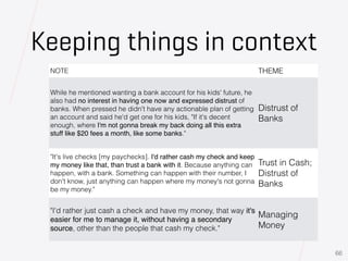 Keeping things in context
NOTE THEME
While he mentioned wanting a bank account for his kids' future, he
also had no intere...