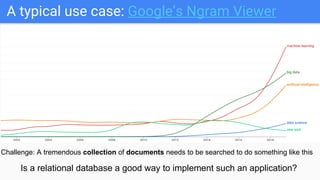 A typical use case: Google’s Ngram Viewer
Is a relational database a good way to implement such an application?
Challenge: A tremendous collection of documents needs to be searched to do something like this
 
