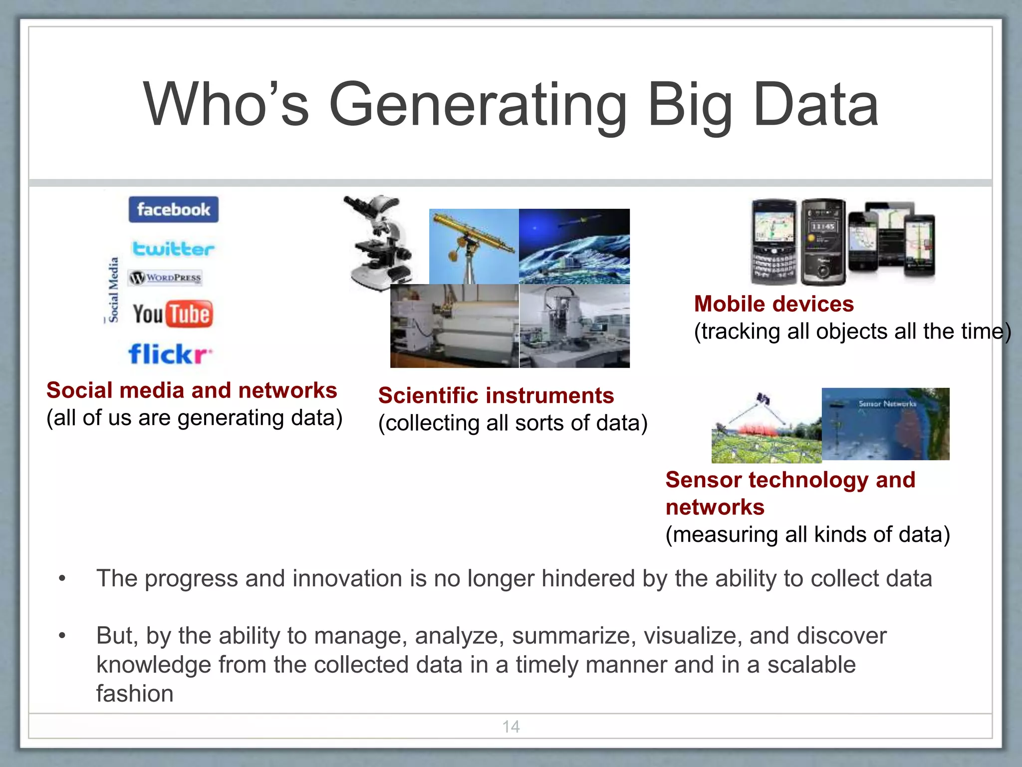 Who’s Generating Big Data
Social media and networks
(all of us are generating data)
Scientific instruments
(collecting all sorts of data)
Mobile devices
(tracking all objects all the time)
Sensor technology and
networks
(measuring all kinds of data)
• The progress and innovation is no longer hindered by the ability to collect data
• But, by the ability to manage, analyze, summarize, visualize, and discover
knowledge from the collected data in a timely manner and in a scalable
fashion
14
 