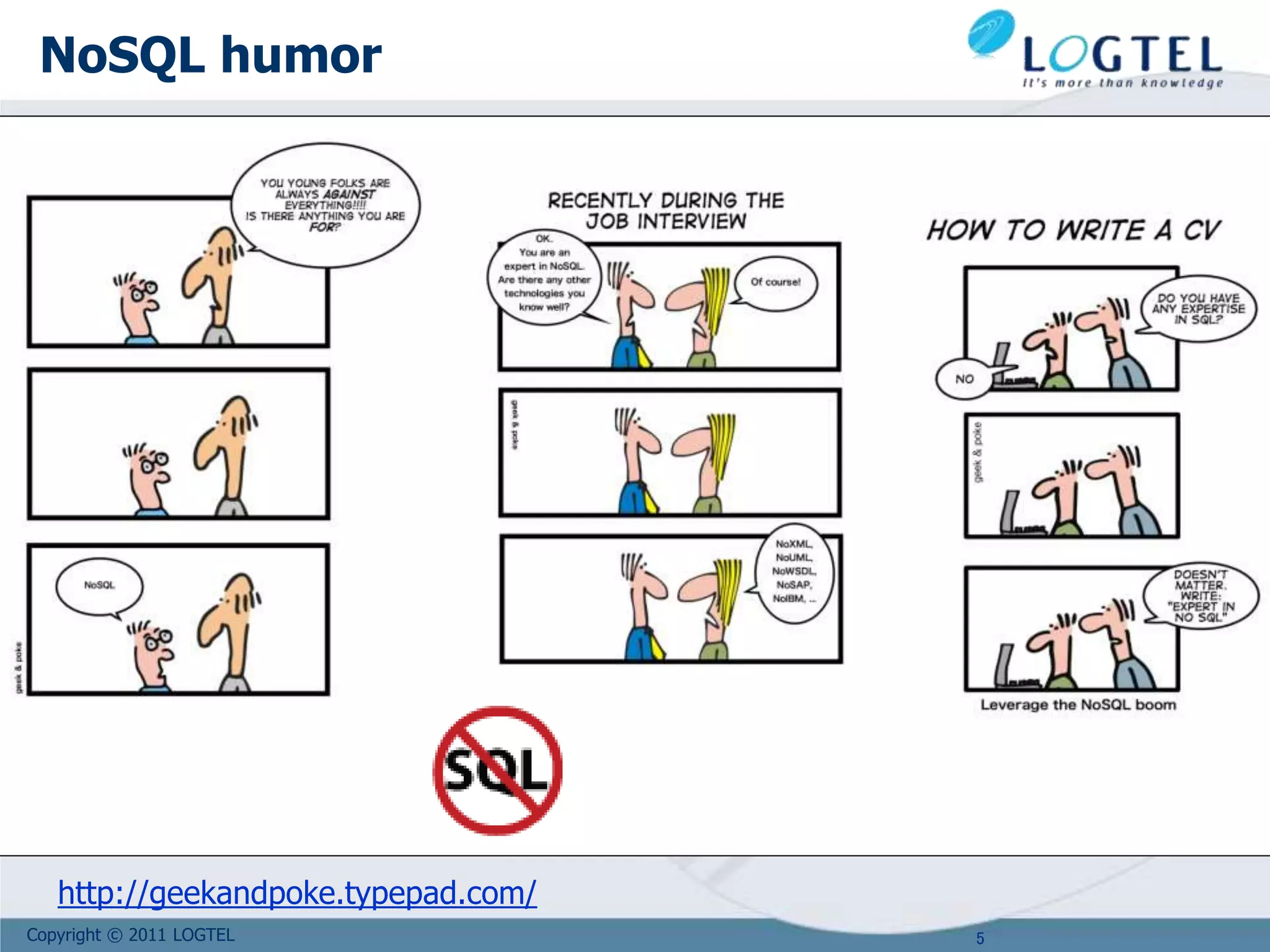 Copyright © 2011 LOGTEL
NoSQL humor
5
http://geekandpoke.typepad.com/
 
