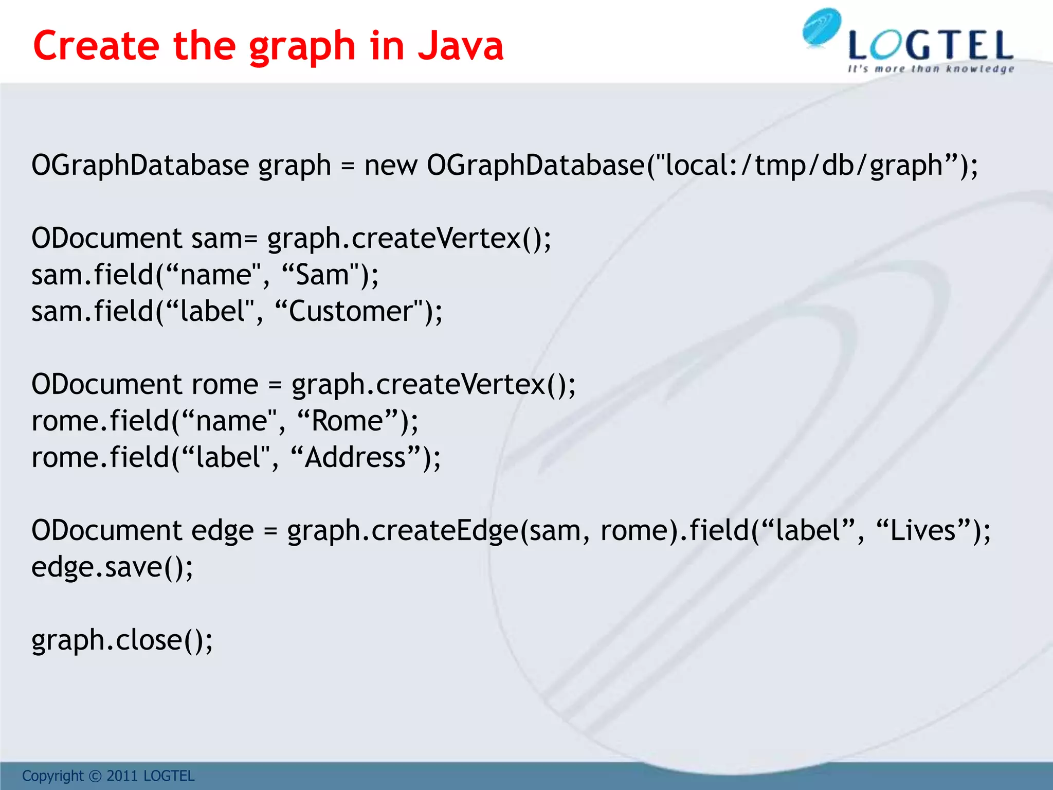 Copyright © 2011 LOGTEL
OGraphDatabase graph = new OGraphDatabase("local:/tmp/db/graph”);
ODocument sam= graph.createVertex();
sam.field(“name", “Sam");
sam.field(“label", “Customer");
ODocument rome = graph.createVertex();
rome.field(“name", “Rome”);
rome.field(“label", “Address”);
ODocument edge = graph.createEdge(sam, rome).field(“label”, “Lives”);
edge.save();
graph.close();
Create the graph in Java
 