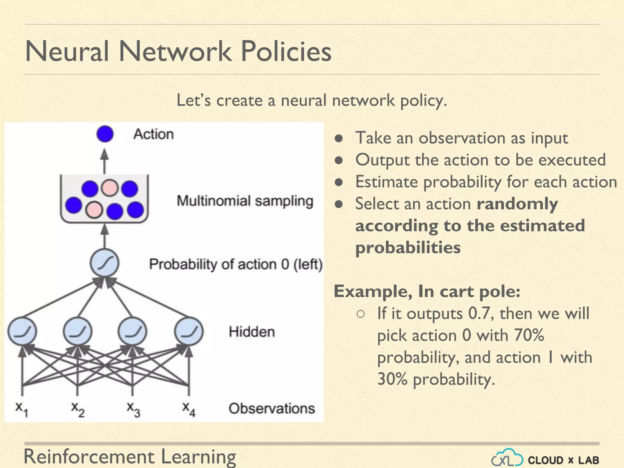 Reinforcement Learning
Neural Network Policies
Let’s create a neural network policy.
● Take an observation as input
● Output the action to be executed
● Estimate probability for each action
● Select an action randomly
according to the estimated
probabilities
Example, In cart pole:
○ If it outputs 0.7, then we will
pick action 0 with 70%
probability, and action 1 with
30% probability.
 
