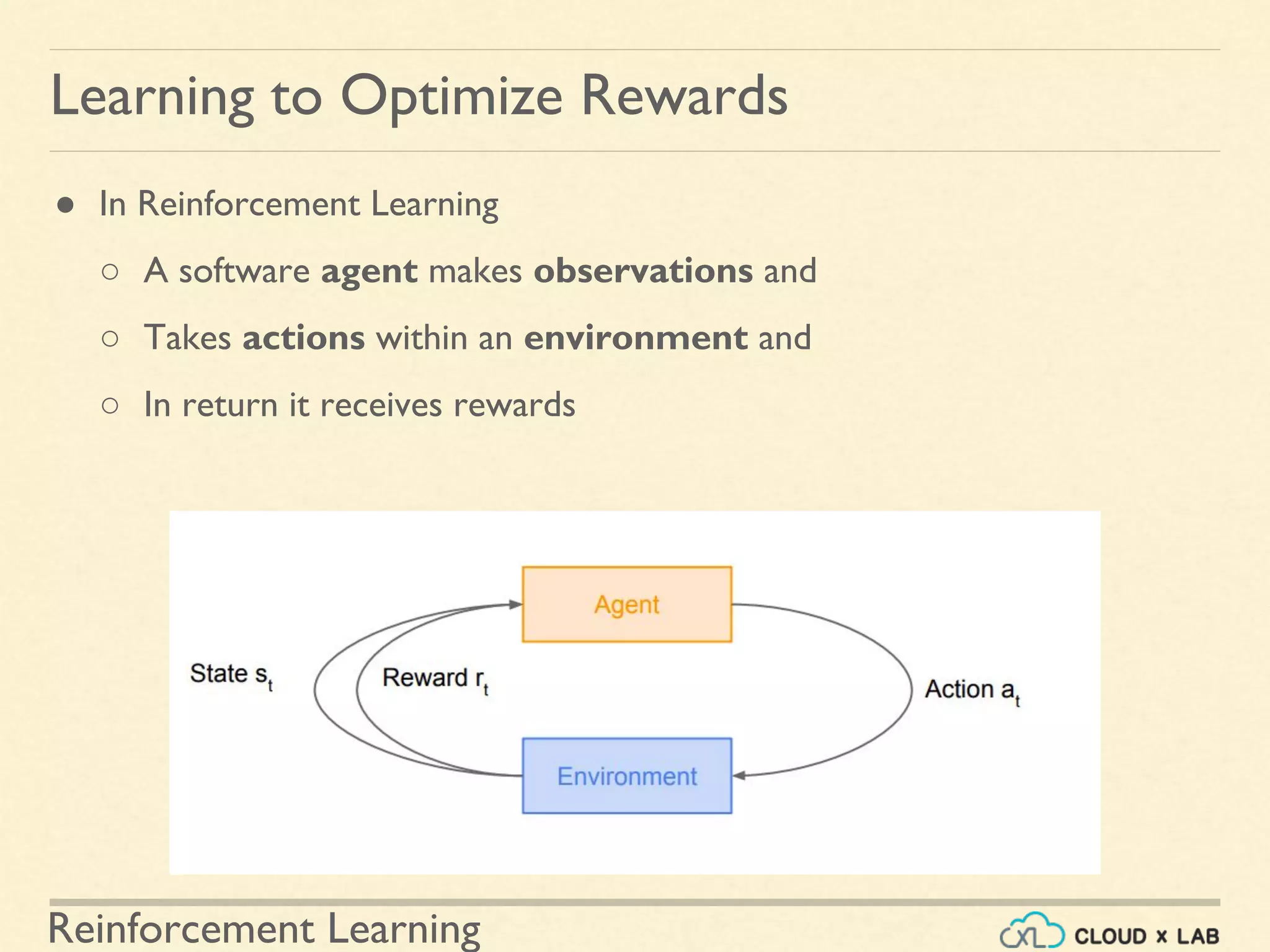 Reinforcement Learning
● In Reinforcement Learning
○ A software agent makes observations and
○ Takes actions within an environment and
○ In return it receives rewards
Learning to Optimize Rewards
 
